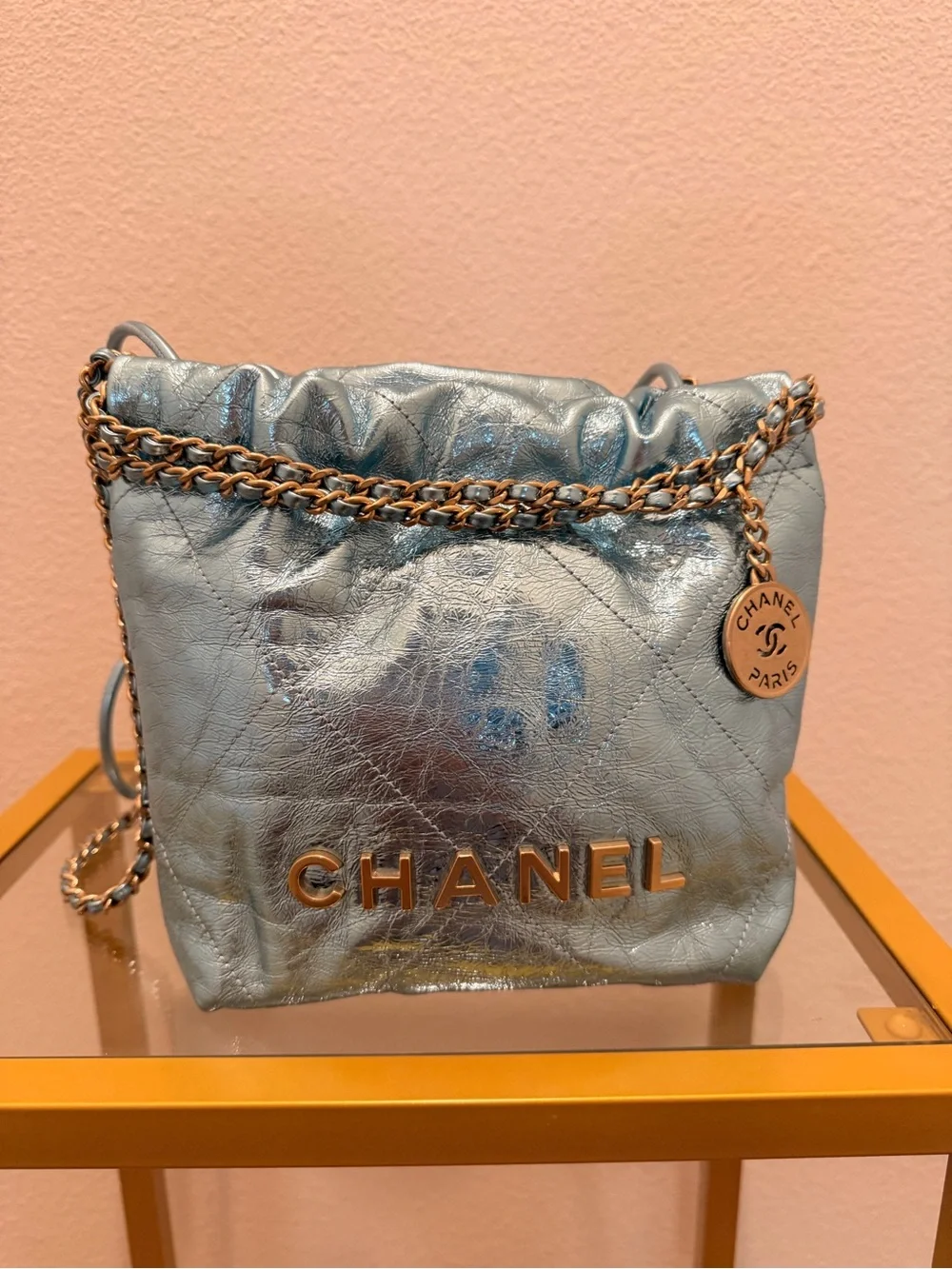 CHANEL Metallic Calfskin Quilted Mini Chanel 22 Blue - Picture 4 of 10
